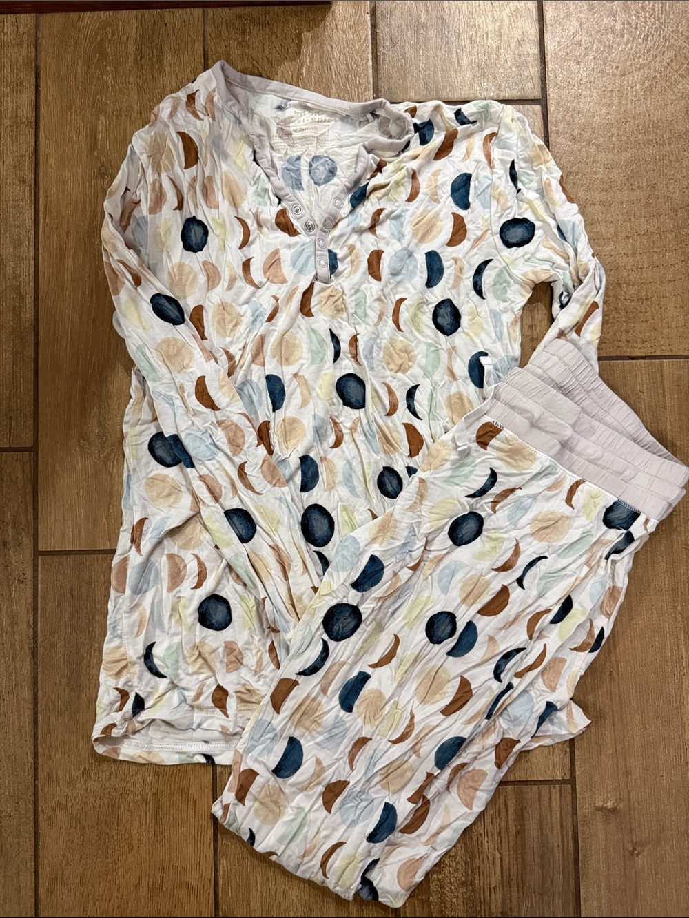 Little Sleepies White Pajama Set with Navy, Brown & Cream Moon Print